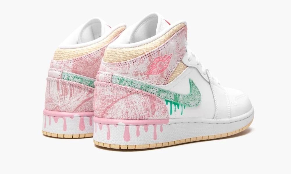 Nike Air Jordan 1 Mid GS Paint Drip, белый с розовым, кожа, женские